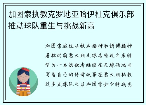 加图索执教克罗地亚哈伊杜克俱乐部推动球队重生与挑战新高 加图索执教克罗地亚哈伊杜克俱乐部推动球队重生与挑战新高